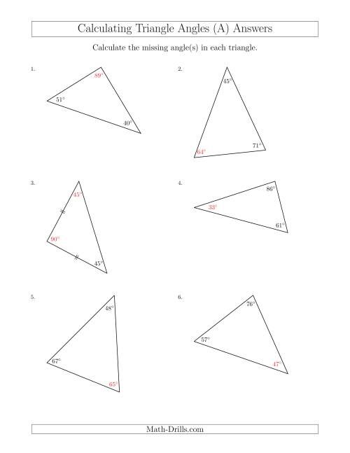 The Calculating Angles of a Triangle Given the Other Angle(s) (A) Math Worksheet Page 2