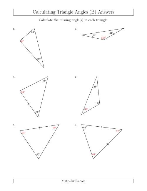 The Calculating Angles of a Triangle Given the Other Angle(s) (B) Math Worksheet Page 2