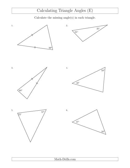 The Calculating Angles of a Triangle Given the Other Angle(s) (E) Math Worksheet