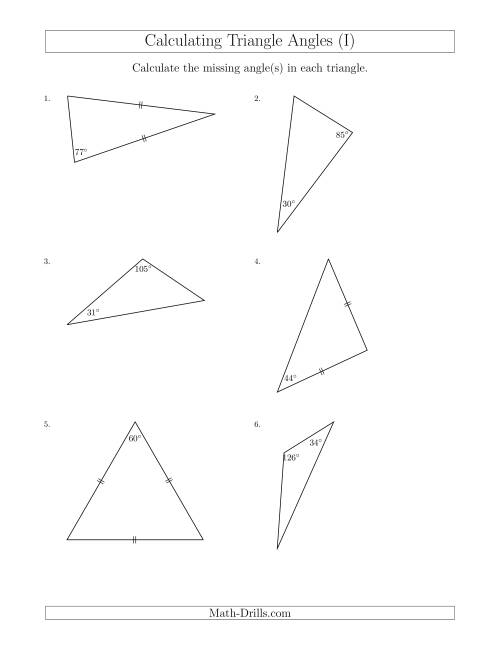 The Calculating Angles of a Triangle Given the Other Angle(s) (I) Math Worksheet