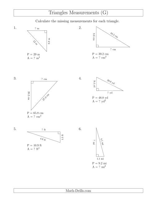 The Calculating the Area and Height of Right Triangles (G) Math Worksheet