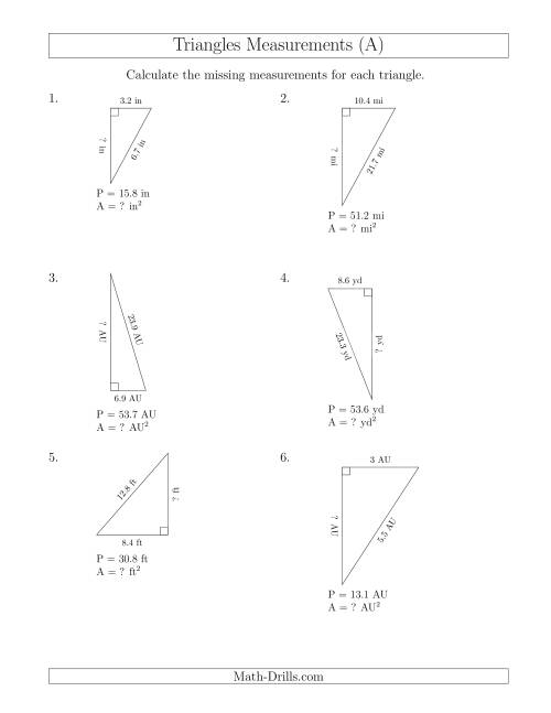 The Calculating the Area and Height of Right Triangles (All) Math Worksheet
