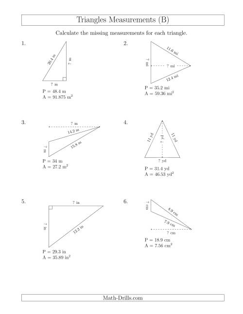 The Calculating the Base and Height of Triangles (B) Math Worksheet