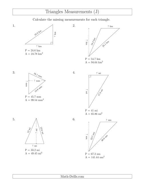 The Calculating the Base and Height of Triangles (J) Math Worksheet