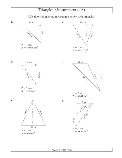 The Calculating the Perimeter and Height of Triangles (A) Math Worksheet