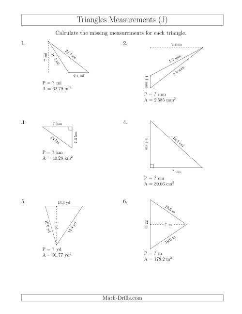 The Calculating the Perimeter and Height of Triangles (J) Math Worksheet