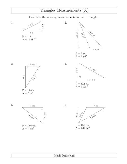 The Calculating Various Measurements of Triangles (A) Math Worksheet