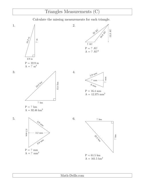 The Calculating Various Measurements of Triangles (C) Math Worksheet