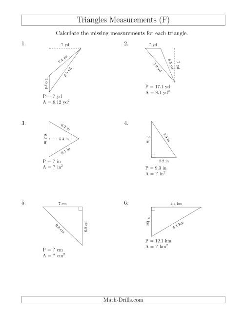The Calculating Various Measurements of Triangles (F) Math Worksheet
