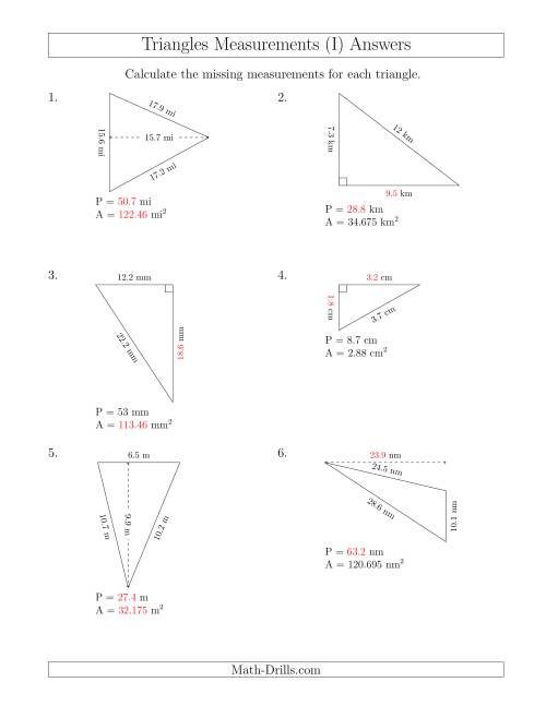 The Calculating Various Measurements of Triangles (I) Math Worksheet Page 2