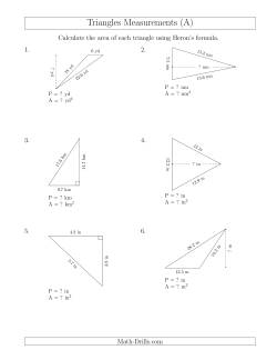 Calculating the Perimeter and Area of Triangles Using Heron's Formula for the Area.