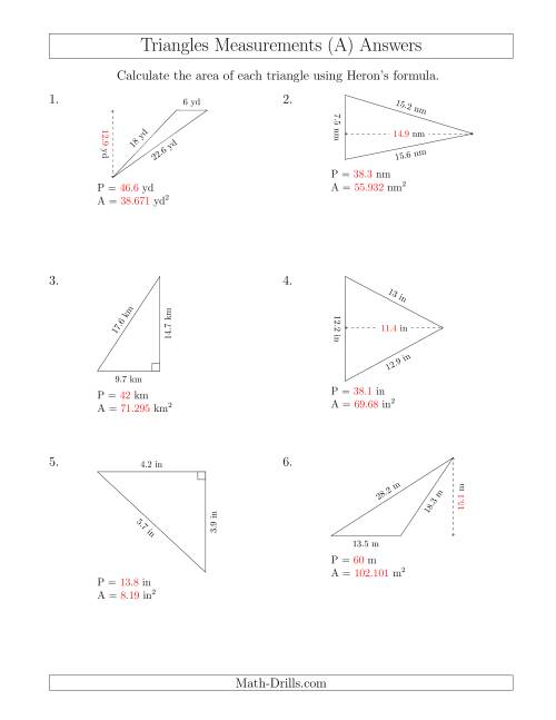 The Calculating the Perimeter and Area of Triangles Using Heron's Formula for the Area. (A) Math Worksheet Page 2