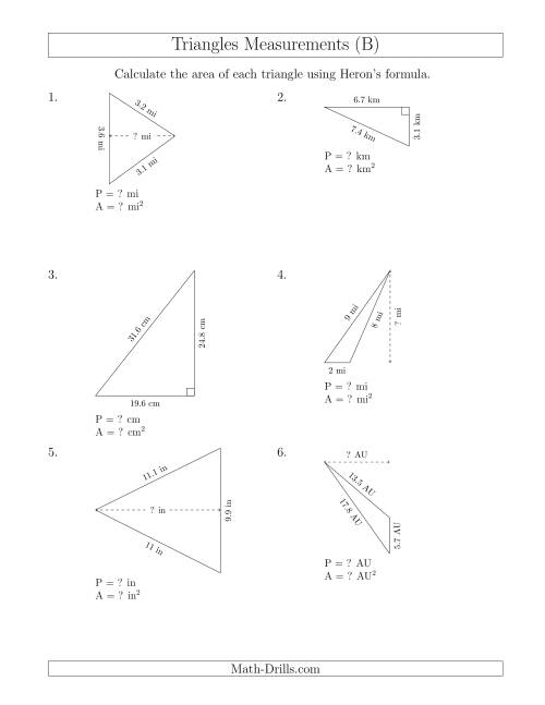 The Calculating the Perimeter and Area of Triangles Using Heron's Formula for the Area. (B) Math Worksheet