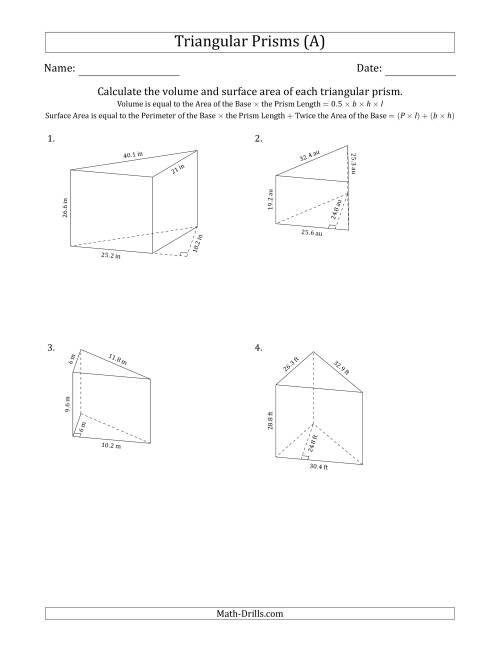 The Volume and Surface Area of Triangular Prisms (Black and White) (A) Math Worksheet