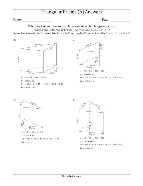 The Volume and Surface Area of Triangular Prisms (Black and White) (A) Math Worksheet Page 2