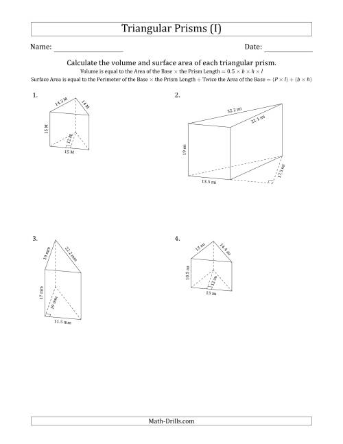 The Volume and Surface Area of Triangular Prisms (Black and White) (I) Math Worksheet