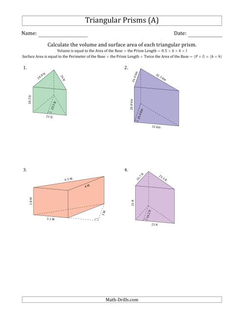 Volume And Surface Area Of Triangular Prisms A
