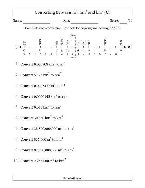 The Converting Between Square Meters, Square Hectometers and Square Kilometers (U.S./U.K. Number Format) (C) Math Worksheet