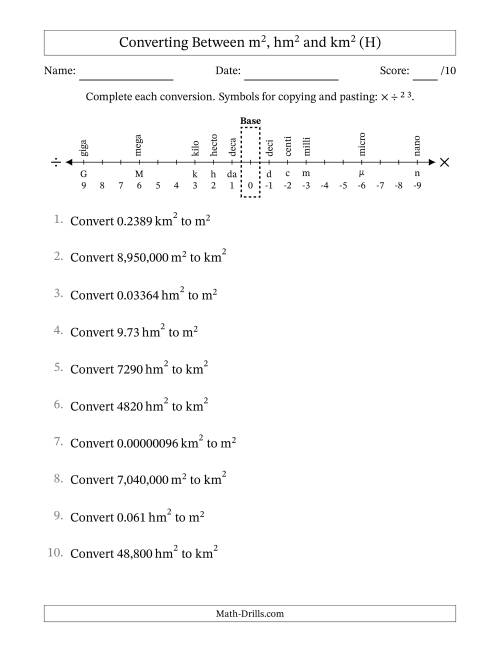 The Converting Between Square Meters, Square Hectometers and Square Kilometers (U.S./U.K. Number Format) (H) Math Worksheet