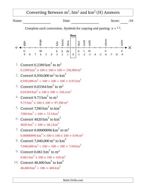 The Converting Between Square Meters, Square Hectometers and Square Kilometers (U.S./U.K. Number Format) (H) Math Worksheet Page 2