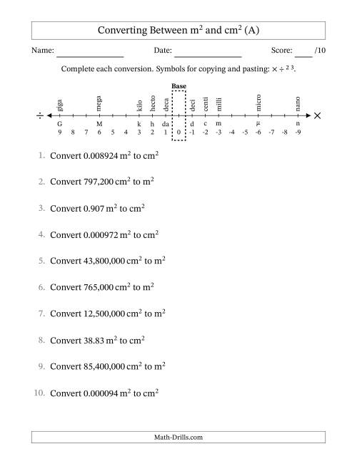 The Converting Between Square Meters and Square Centimeters (U.S./U.K. Number Format) (A) Math Worksheet