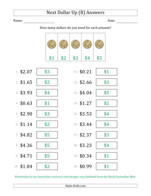 The Next Dollar Up Strategy with Amounts to $5 (Australia) (B) Math Worksheet Page 2