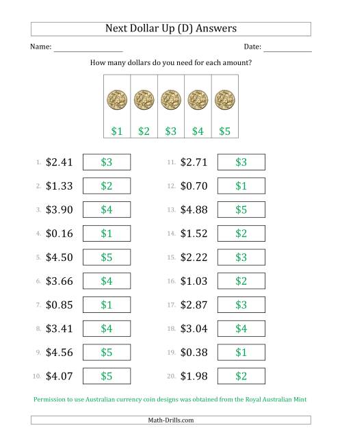 The Next Dollar Up Strategy with Amounts to $5 (Australia) (D) Math Worksheet Page 2