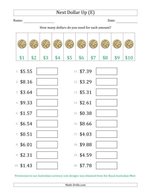 The Next Dollar Up Strategy with Amounts to $10 (Australia) (E) Math Worksheet