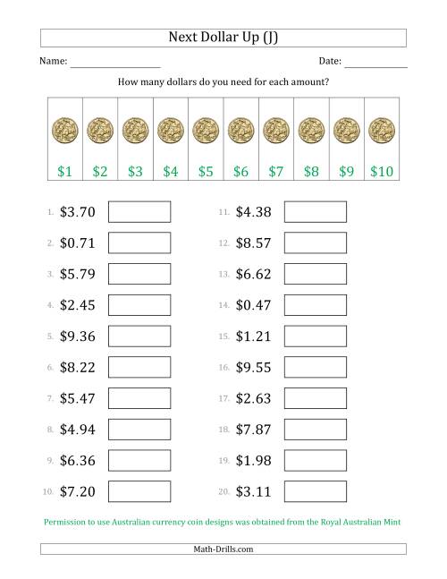The Next Dollar Up Strategy with Amounts to $10 (Australia) (J) Math Worksheet