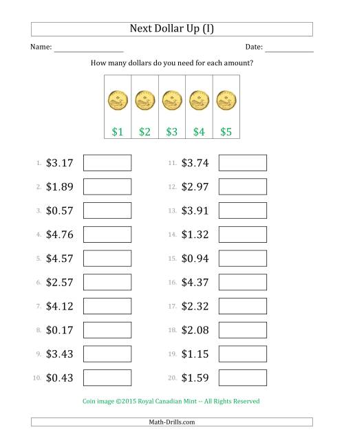 The Next Dollar Up Strategy with Amounts to $5 (Canada) (I) Math Worksheet