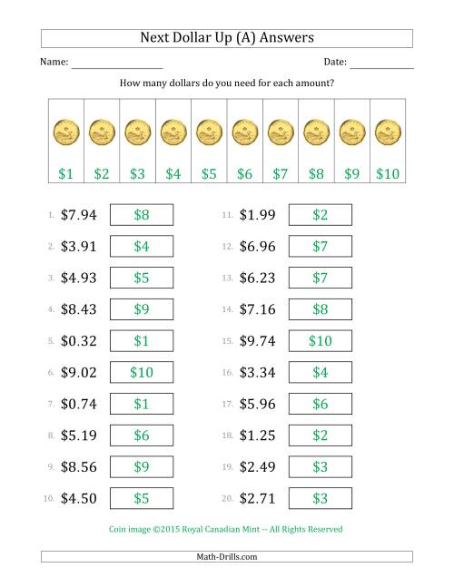 The Next Dollar Up Strategy with Amounts to $10 (Canada) (A) Math Worksheet Page 2