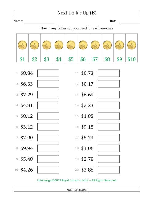 The Next Dollar Up Strategy with Amounts to $10 (Canada) (B) Math Worksheet