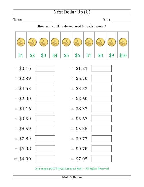 The Next Dollar Up Strategy with Amounts to $10 (Canada) (G) Math Worksheet