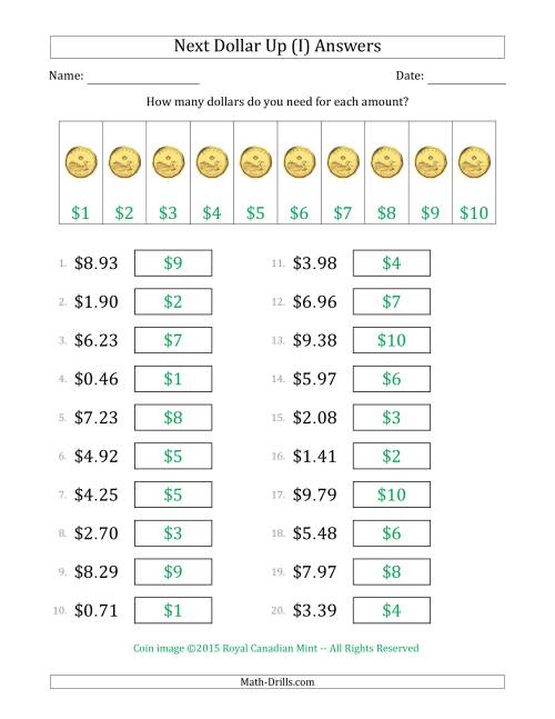 The Next Dollar Up Strategy with Amounts to $10 (Canada) (I) Math Worksheet Page 2