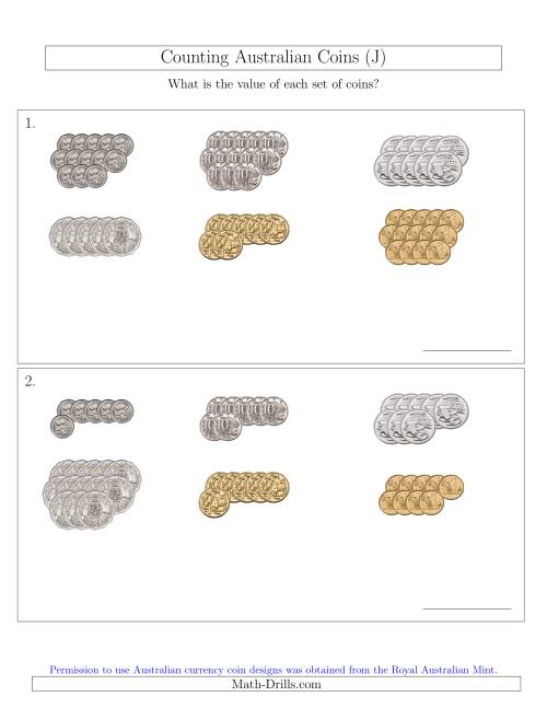 The Counting Australian Coins Sorted Version (J) Math Worksheet