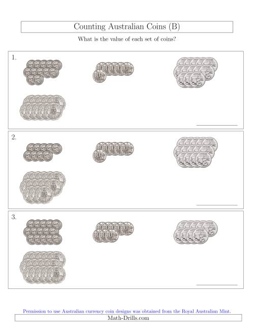 The Counting Australian Coins (No Dollar Coins) Sorted Version (B) Math Worksheet