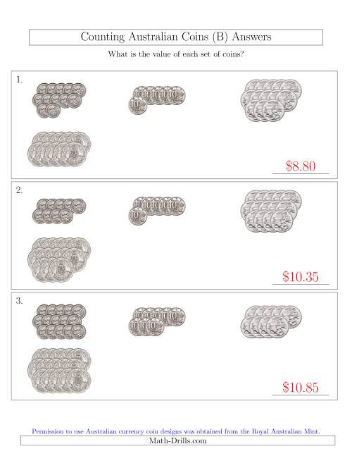 The Counting Australian Coins (No Dollar Coins) Sorted Version (B) Math Worksheet Page 2