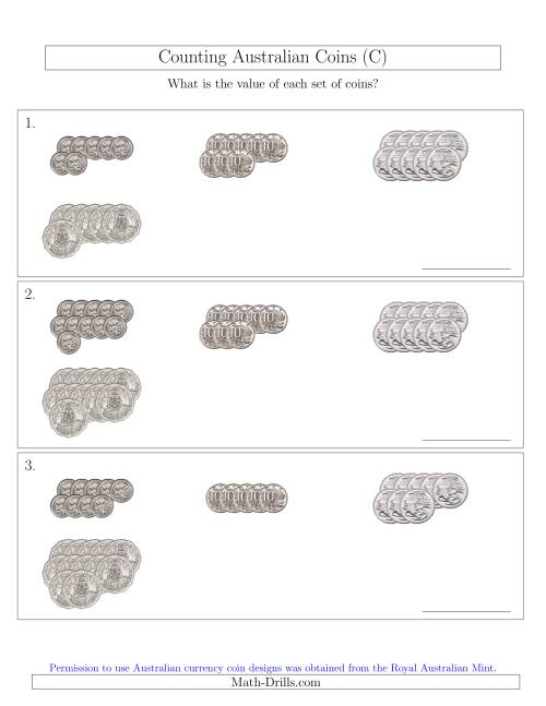 The Counting Australian Coins (No Dollar Coins) Sorted Version (C) Math Worksheet