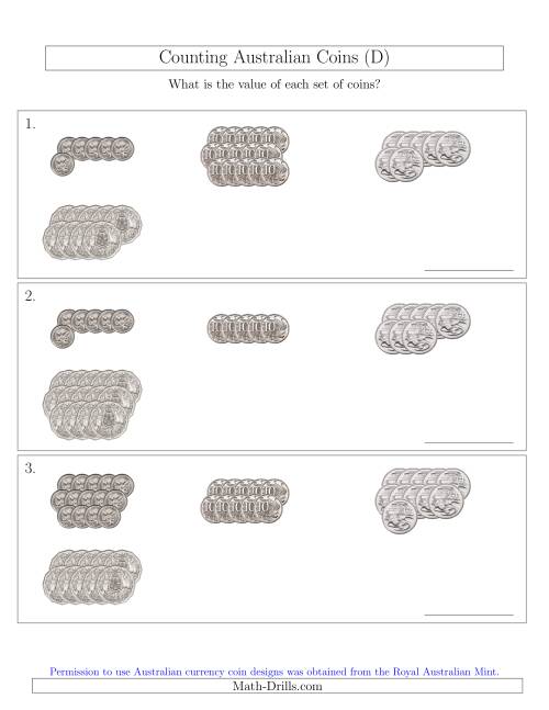 The Counting Australian Coins (No Dollar Coins) Sorted Version (D) Math Worksheet