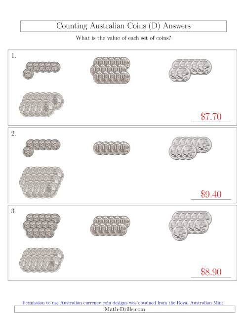 The Counting Australian Coins (No Dollar Coins) Sorted Version (D) Math Worksheet Page 2