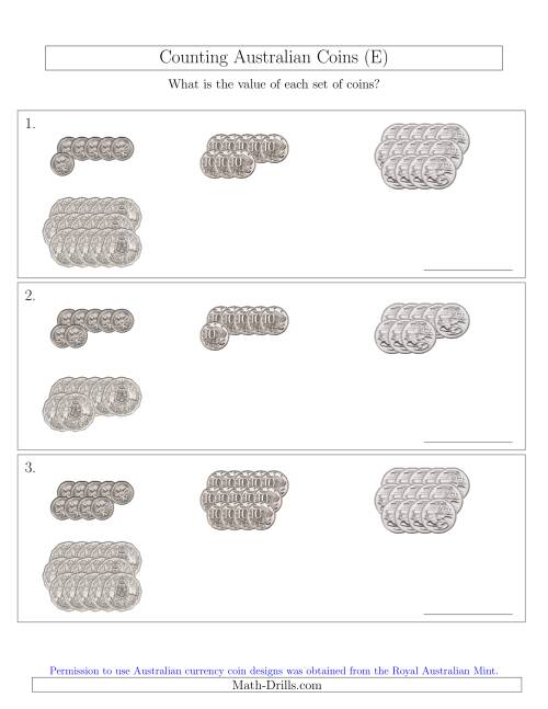The Counting Australian Coins (No Dollar Coins) Sorted Version (E) Math Worksheet