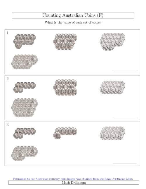 The Counting Australian Coins (No Dollar Coins) Sorted Version (F) Math Worksheet