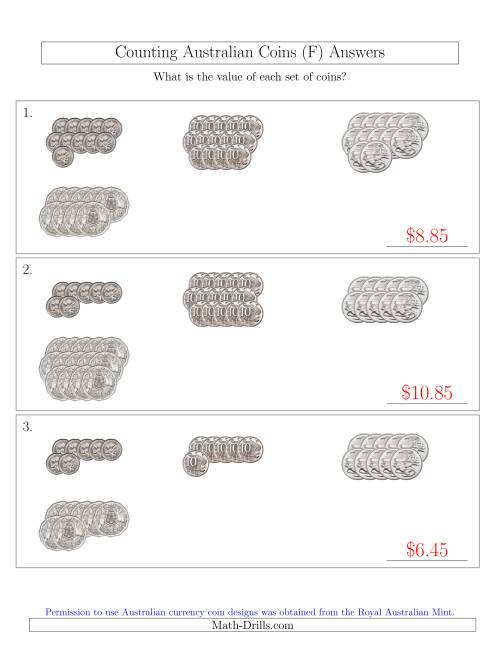 The Counting Australian Coins (No Dollar Coins) Sorted Version (F) Math Worksheet Page 2