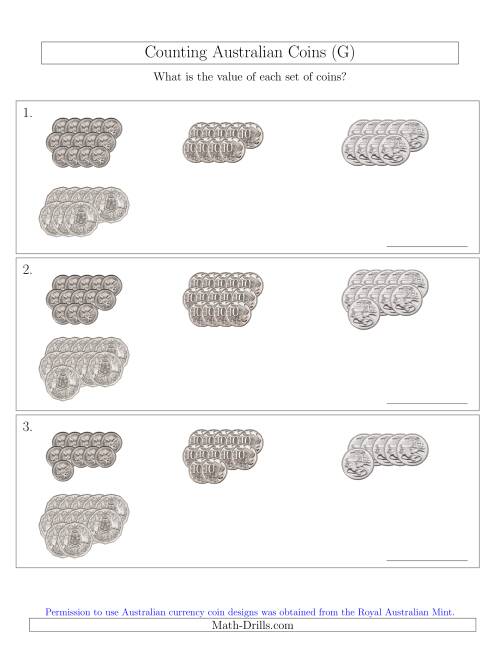The Counting Australian Coins (No Dollar Coins) Sorted Version (G) Math Worksheet