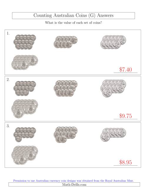 The Counting Australian Coins (No Dollar Coins) Sorted Version (G) Math Worksheet Page 2