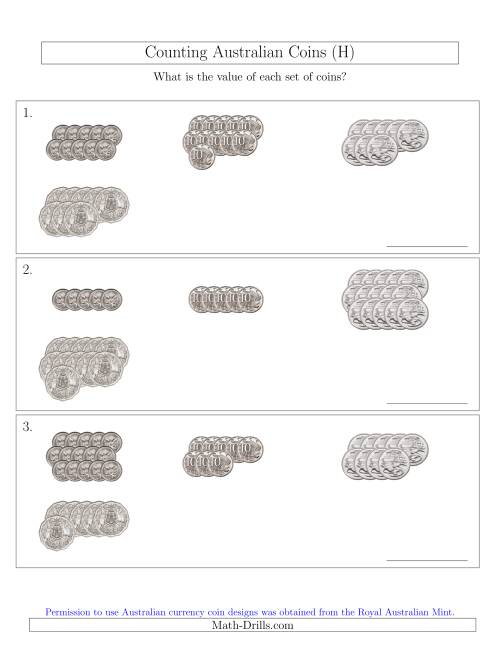 The Counting Australian Coins (No Dollar Coins) Sorted Version (H) Math Worksheet