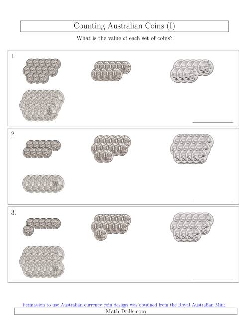 The Counting Australian Coins (No Dollar Coins) Sorted Version (I) Math Worksheet