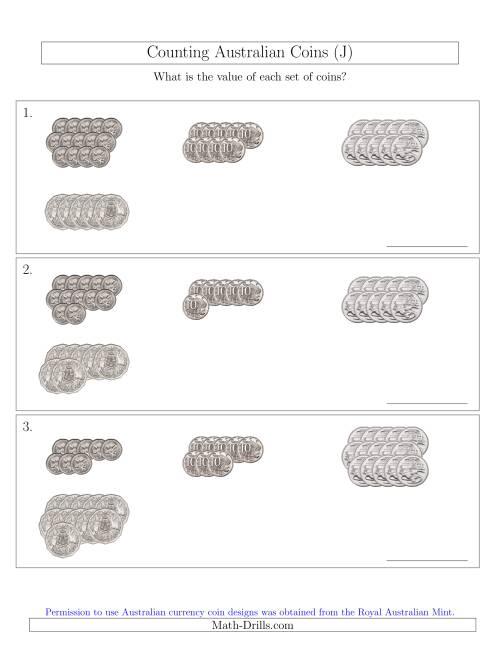 The Counting Australian Coins (No Dollar Coins) Sorted Version (J) Math Worksheet