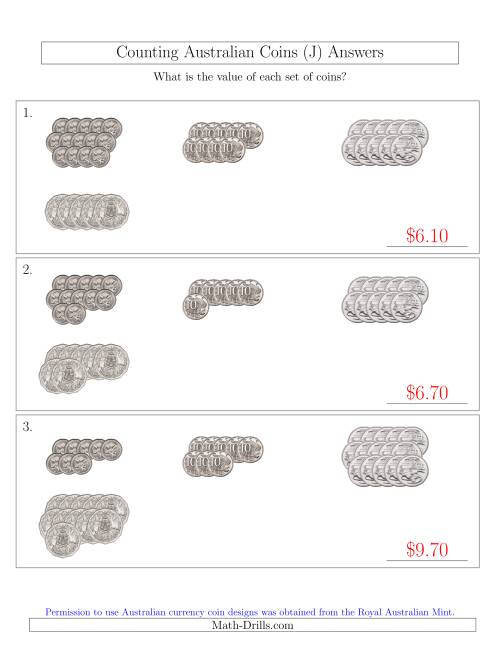 The Counting Australian Coins (No Dollar Coins) Sorted Version (J) Math Worksheet Page 2