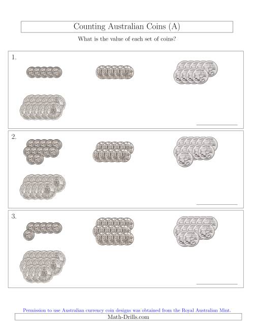 The Counting Australian Coins (No Dollar Coins) Sorted Version (All) Math Worksheet